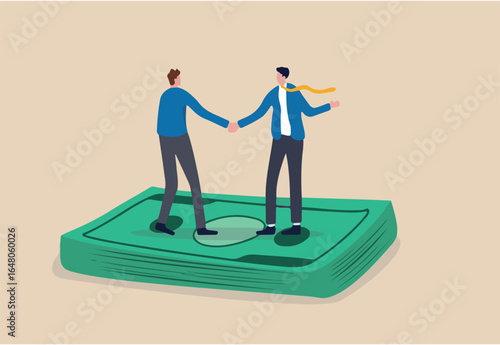 Salary negotiation, pay raise discussion or wages and benefit agreement, business deal or merger and acquisition concept, business people handshake on pile of money banknote after finish agreement