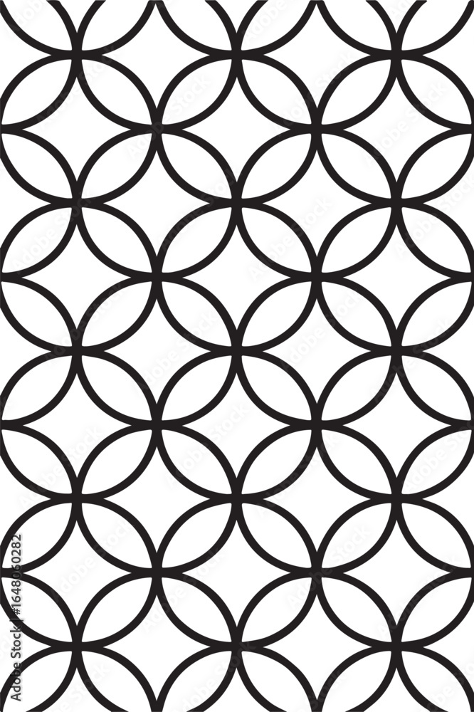 Fototapeta premium Seamless geometric pattern of interlocking black circles forming a repeating tessellation on a white background