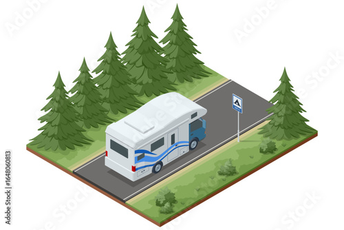 Isometric illustration of a camper van driving on a forest road with a camping sign ahead. Camper trailer or caravan, ideal for a variety of summer vacations and road trip adventures.