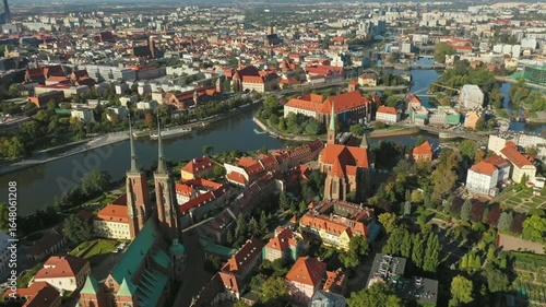 Aerial view of wroclaw cityscape with architecture, river and historic buildings