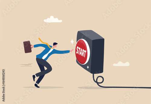 Push start button to start new business, entrepreneur to begin new company, startup to launch project, opportunity, decision to make or motivation concept, businessman run to push red start button. 