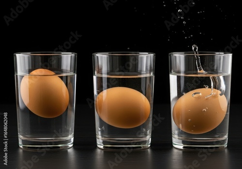 Three eggs in glasses of water, one with a splash, against a dark background