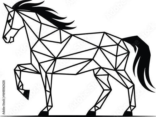 Vector art of geometric low poly illustration of a horse in profile, rendered in a minimalist black and white line art style, symbolizing elegance and strength