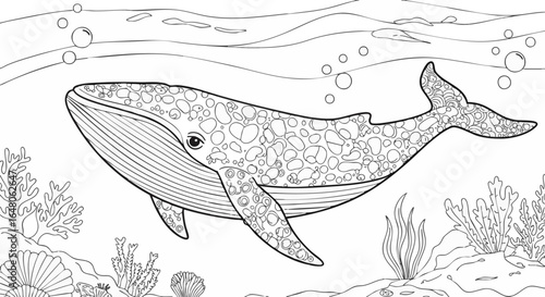 Underwater Coloring Page A Detailed Whale and Coral Reef Scene for Creative Fun