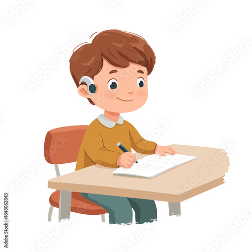 Learning with Confidence: A cheerful child wearing a hearing aid focuses on his studies at his desk, symbolizing resilience and the power of inclusive education. 