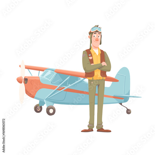 Dreamy Pilot: An illustrated figure of an aviator stands proudly, positioned next to a vintage biplane, evoking nostalgia and the spirit of adventure, ready to take off into the clouds.
