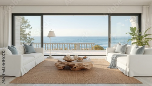 Serene living room with panoramic ocean views and natural driftwood coffee table