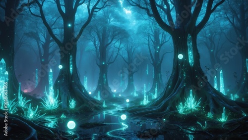Surreal glowing alien forest with bioluminescent plants, floating lights, and dense mystical atmosphere.