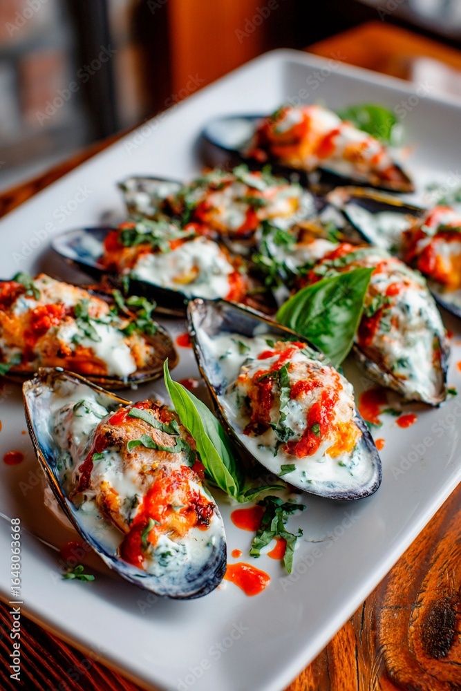 A plate features delectable baked mussels, generously topped with sauce and fresh herbs. This dish is presented beautifully, showcasing vibrant colors and textures in a coastal dining setting A plate features delectable baked mussels, generously topped with sauce and fresh herbs. This dish is presented beautifully, showcasing vibrant colors and textures in a coastal dining setting