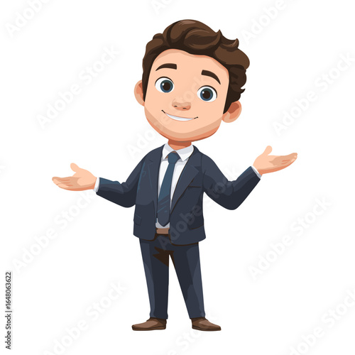 Confident Business Cartoon: A charming animated businessman, exuding approachability and confidence, dressed in a stylish suit, ready to welcome and connect.