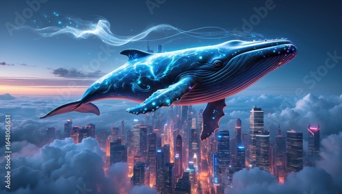 Wallpaper Mural Surreal flying whale over futuristic city with neon lights and holograms in the clouds. Torontodigital.ca