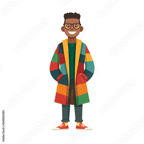 Cheerful Style Icon: A smiling individual of African descent radiates confidence, sporting trendy eyewear and a vibrant, patterned coat, representing modern fashion and positive self-expression.