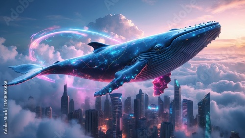 Surreal flying whale over futuristic city with neon lights and holograms in the clouds.