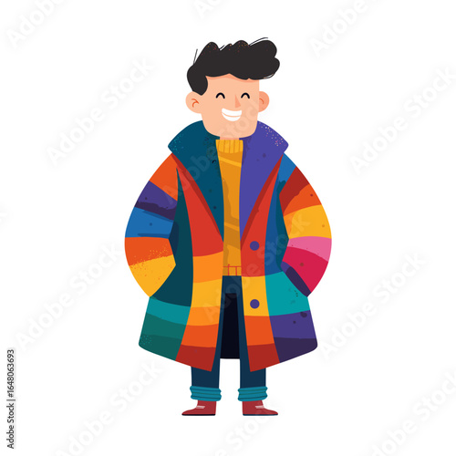 Fashionably Festive: A cheerfully illustrated individual, attired in a colorful coat, embodies a sense of joy and self-expression, set against a clean backdrop.