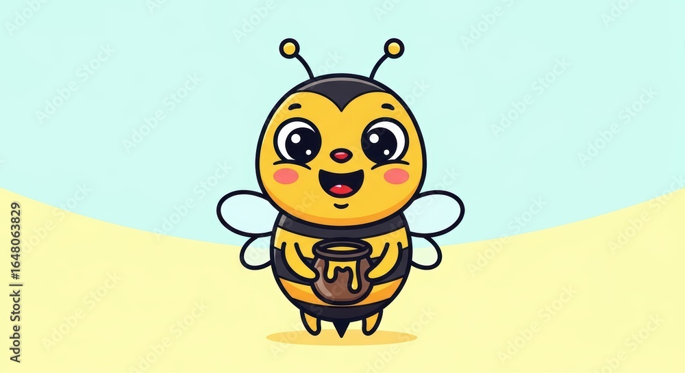 Obraz premium Cute cartoon bee holding honey pot on colorful background