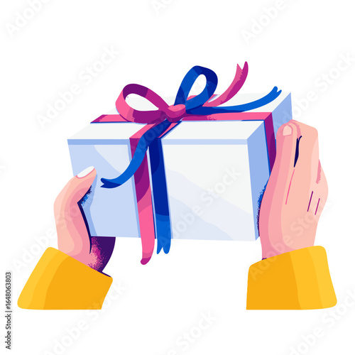 Gift Handover: A person's hands tenderly present a beautifully wrapped gift, symbolizing generosity and heartfelt expression.