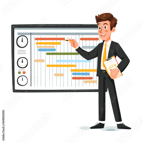 Project Manager's Guidance: A focused individual in professional attire points to a detailed project schedule, symbolizing the importance of precise planning and execution in a business context.