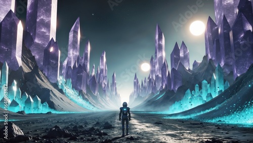 A crystal-covered alien landscape with two suns and a lone explorer, ideal for a fantasy sci-fi themed desktop background.
