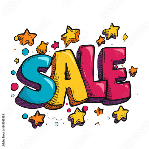 Big Sale: Vibrant text SALE rendered in a playful, cartoonish style, complemented by animated stars.