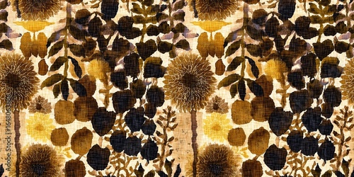 Stylised autumn winter brown floral watercolor seamless border pattern. Rustic cottage style mottled banner trim blur effect fabric texture design. For fall botanical wash tape