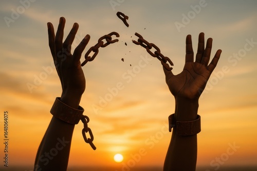 Silhouette of hands with broken chains raised against sunset sky.