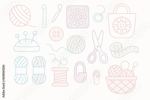 Colorful embroidery pattern of sewing and knitting tools