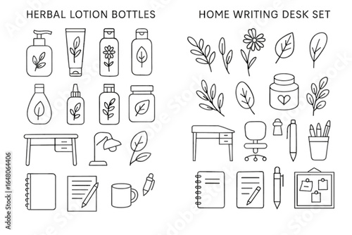 Herbal lotion bottles and home writing desk set with decorative elements