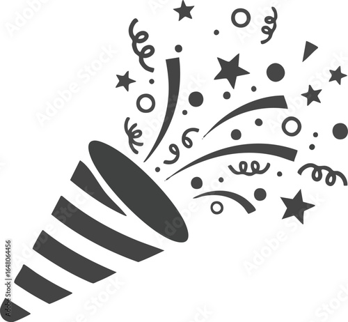 Explosive celebration with confetti, stars, and swirls bursting from a party popper for festive occasions.