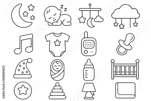 Baby essentials outline icons: moon, toys, clothing, and nursery items