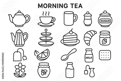 Morning tea icons: teapot, cup, milk, sugar, dessert, lemon, flower, biscuit, mug, spoon, kettle