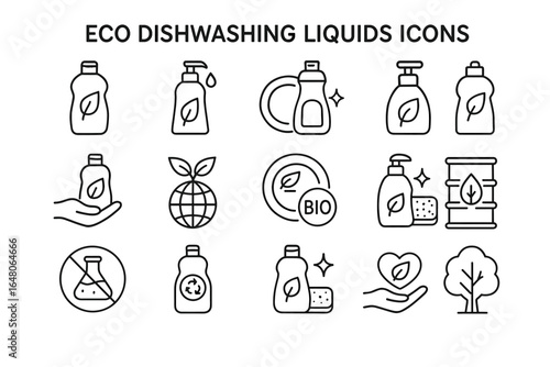 Eco-friendly dishwashing liquid icons set with leaves and sustainable symbols