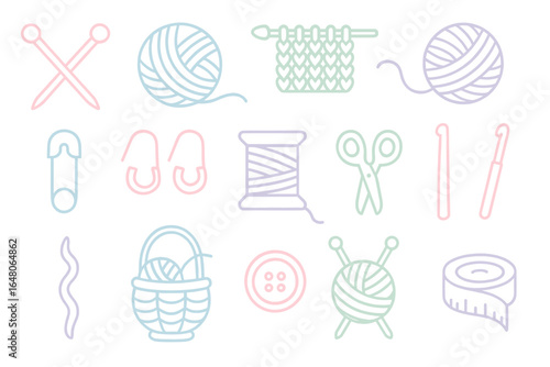 Colorful pastel knitting and crochet tools collection with yarn and needles