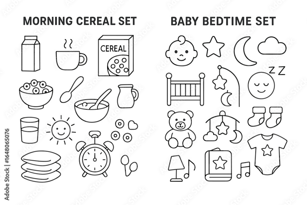 Fototapeta premium Morning cereal and baby bedtime icons set for daily routine concepts