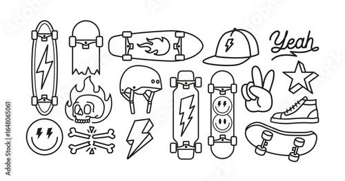 skateboard vector set with boards, helmets, sneakers, lightning, skull, peace sign, and street-style icons. Ideal for t-shirts, stickers, posters, decals, and coloring books