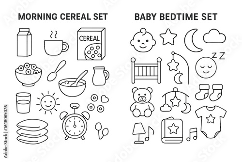 Morning cereal and baby bedtime icons set for daily routine concepts