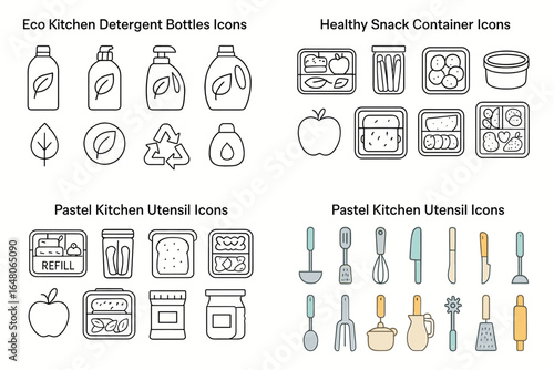 Eco kitchen detergent and pastel utensil icons with healthy snack containers