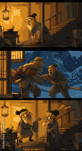 Comic Strip Depicting a Wise Elder Interacting with a Younger Person in a Traditional Setting