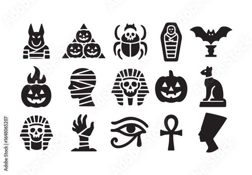 Spooky Halloween and Egyptian Icons Mummy, Jack O' Lantern, Scarab, Anubis, Eye of Horus