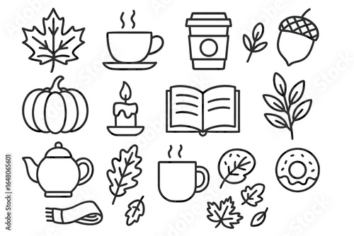 Autumn icons set: leaves, pumpkin, acorn, coffee, tea, candle for fall designs