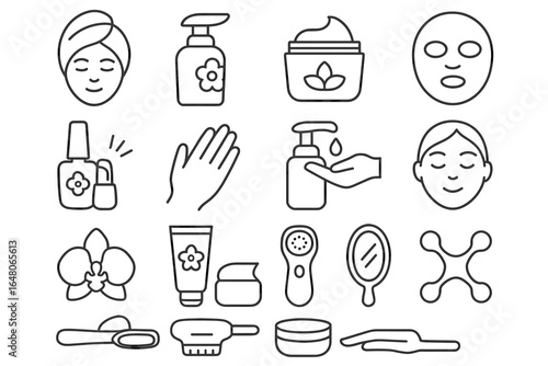 Skincare and beauty line art icons: creams, masks, and tools