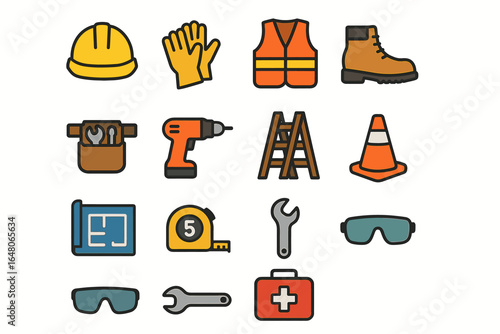 Construction tools and safety equipment icons set with hard hat and gloves