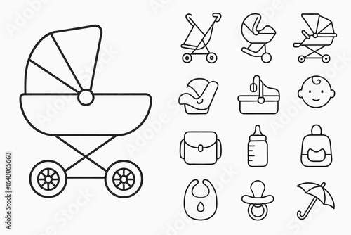 Baby essentials icons: stroller, car seat, pacifier, bottle, umbrella, bib