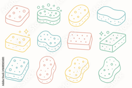 Colorful outline of various cleaning sponges with dotted patterns