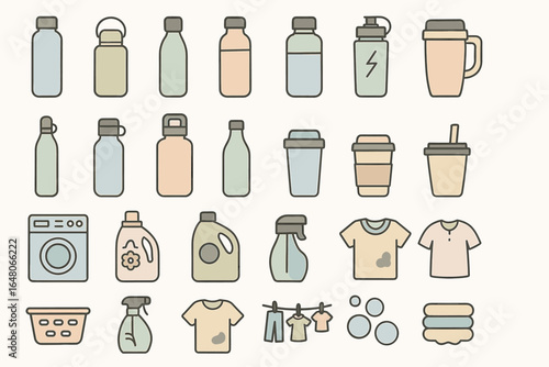 Collection of various bottles and laundry items in minimalist pastel design