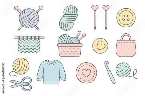 Cute pastel knitting and crochet icons with yarn, needles, and accessories
