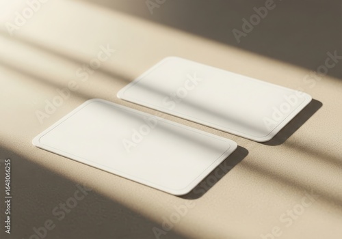 Two blank white business cards with rounded corners on a textured surface with light and shadow