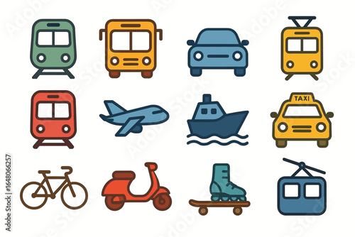 Colorful transportation icons: train, bus, car, bike, airplane, ship, scooter, skateboard