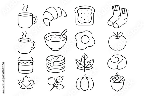 Simple line art of breakfast foods, autumn leaves, and cozy apparel