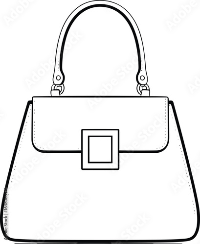 Handbag front view line art, rectangular flap with square buckle, single handle top attachment, fashion accessory design, cad drawing flat vector illustration