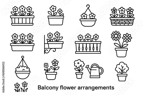 Various balcony flower arrangements illustrated in black and white